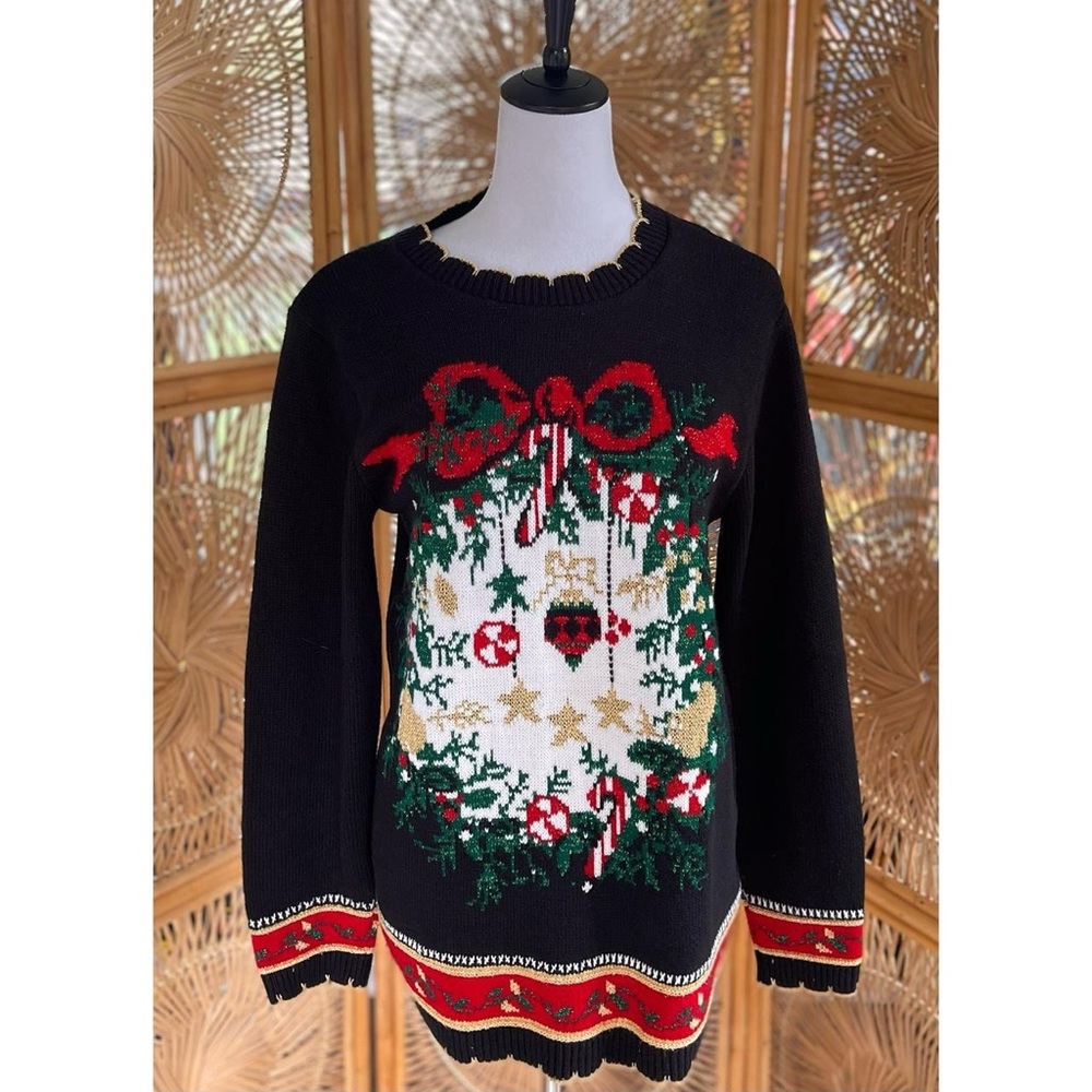 Vintage Cape Cod Sportswear Black Knit Christmas Wreath Holiday Sweater Small - Picture 2 of 6